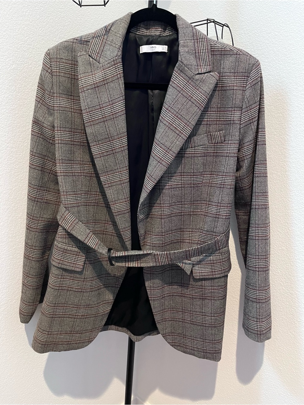 Mango Gray Glen Plaid Belted Blazer with Maroon Windowpane